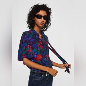Mango Floral Print Button Front Blouse w/Neck Tie